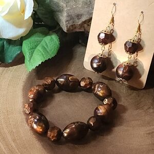 Hand Crafted Bracelet And Hook Earrings Set Brown And Bronze Swirl Acrylic Beads